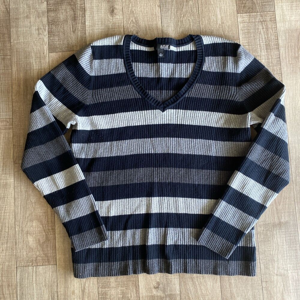 a.n.a. Black And Grey Striped V Neck Sweater Size XL